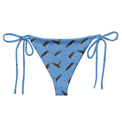 Blue bikini bottom with pattern of bald eagles.