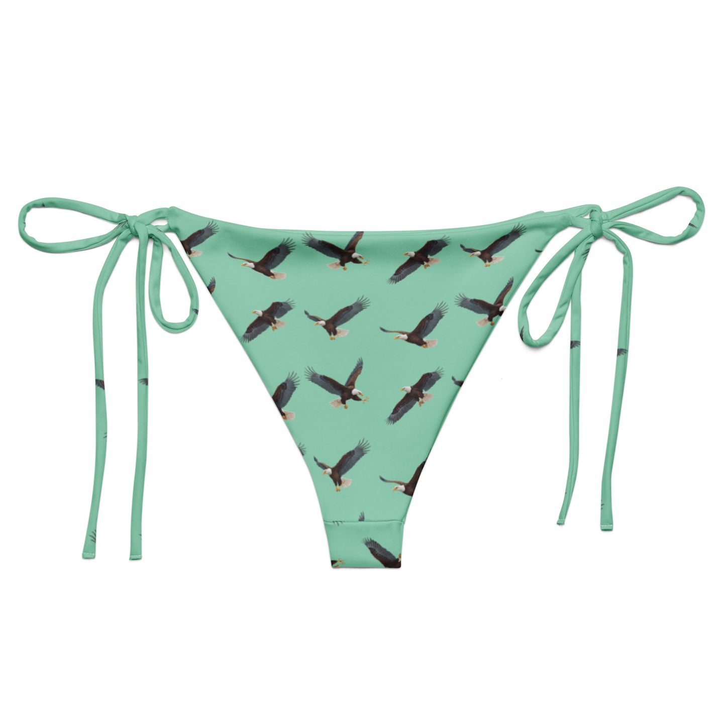 Green bikini bottom with pattern of bald eagles.
