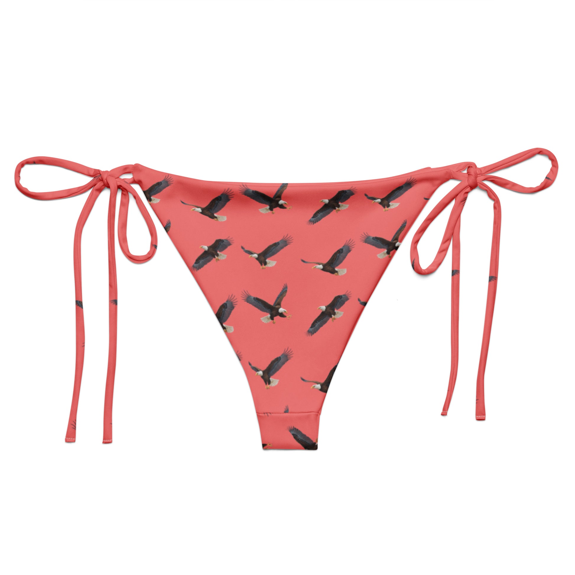 Red bikini bottom with pattern of bald eagles.