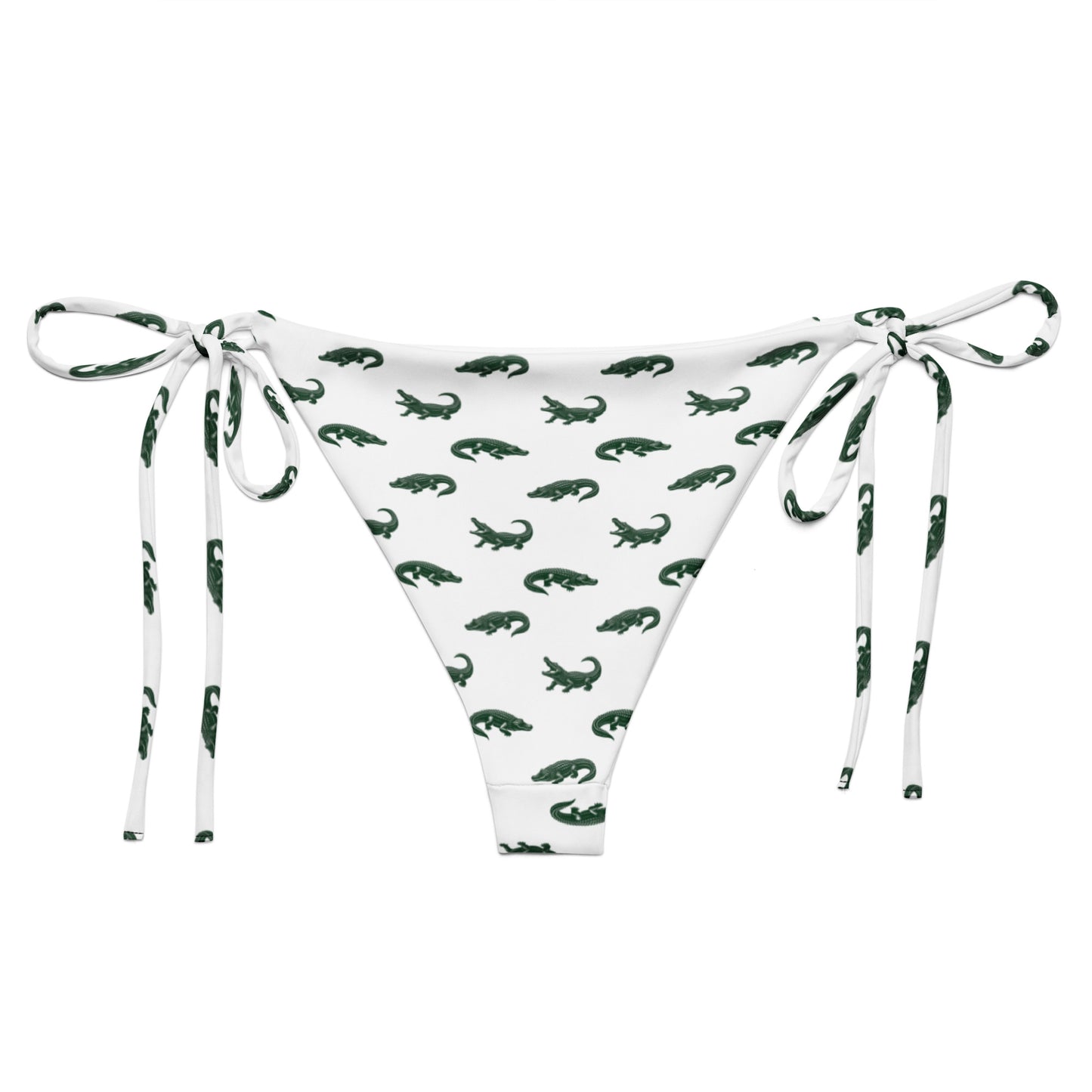 White bikini bottom with pattern of green alligators.