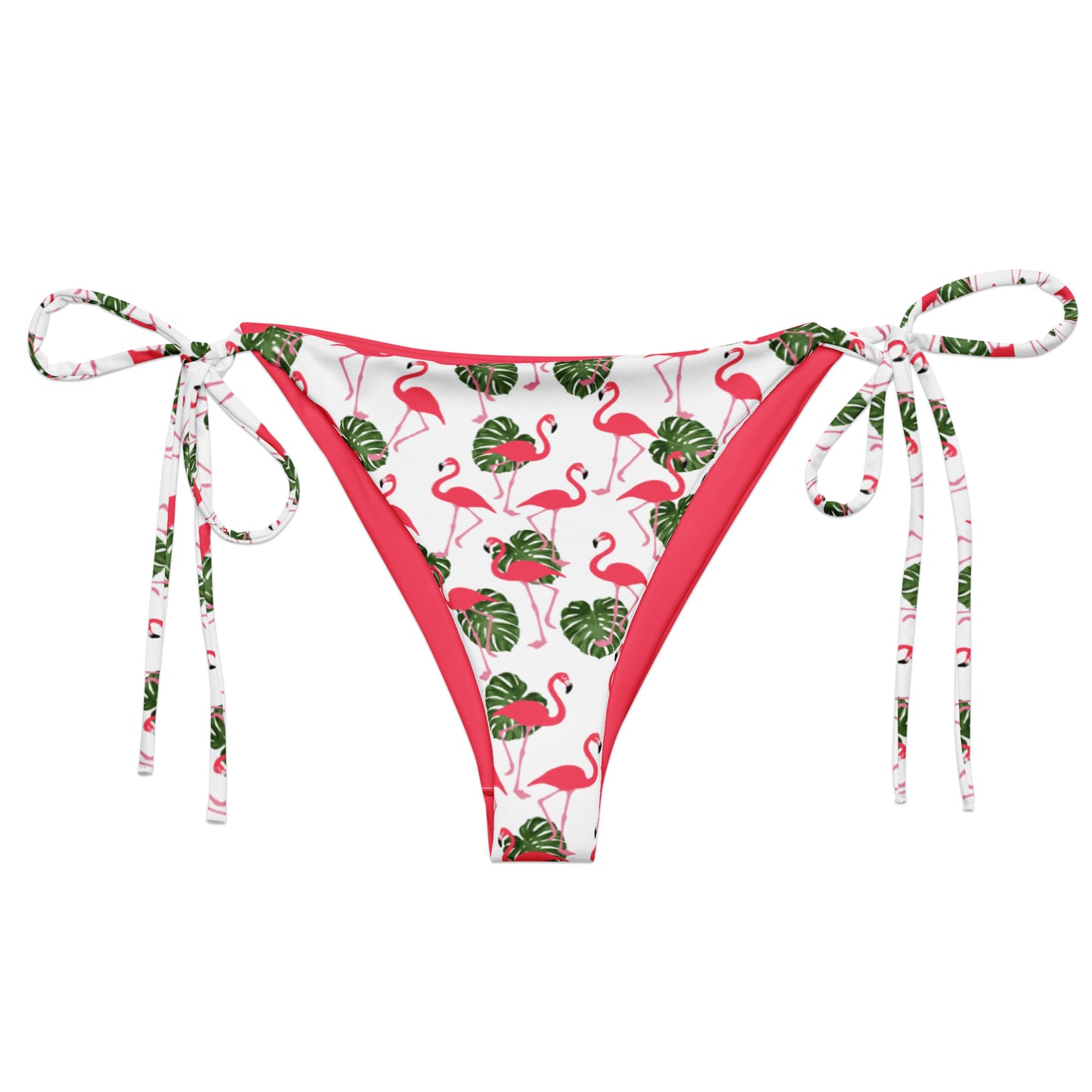Bikini bottom with pattern of flamingos set on a white background.