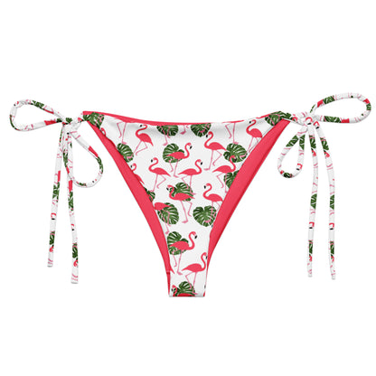 Bikini bottom with pattern of flamingos set on a white background.