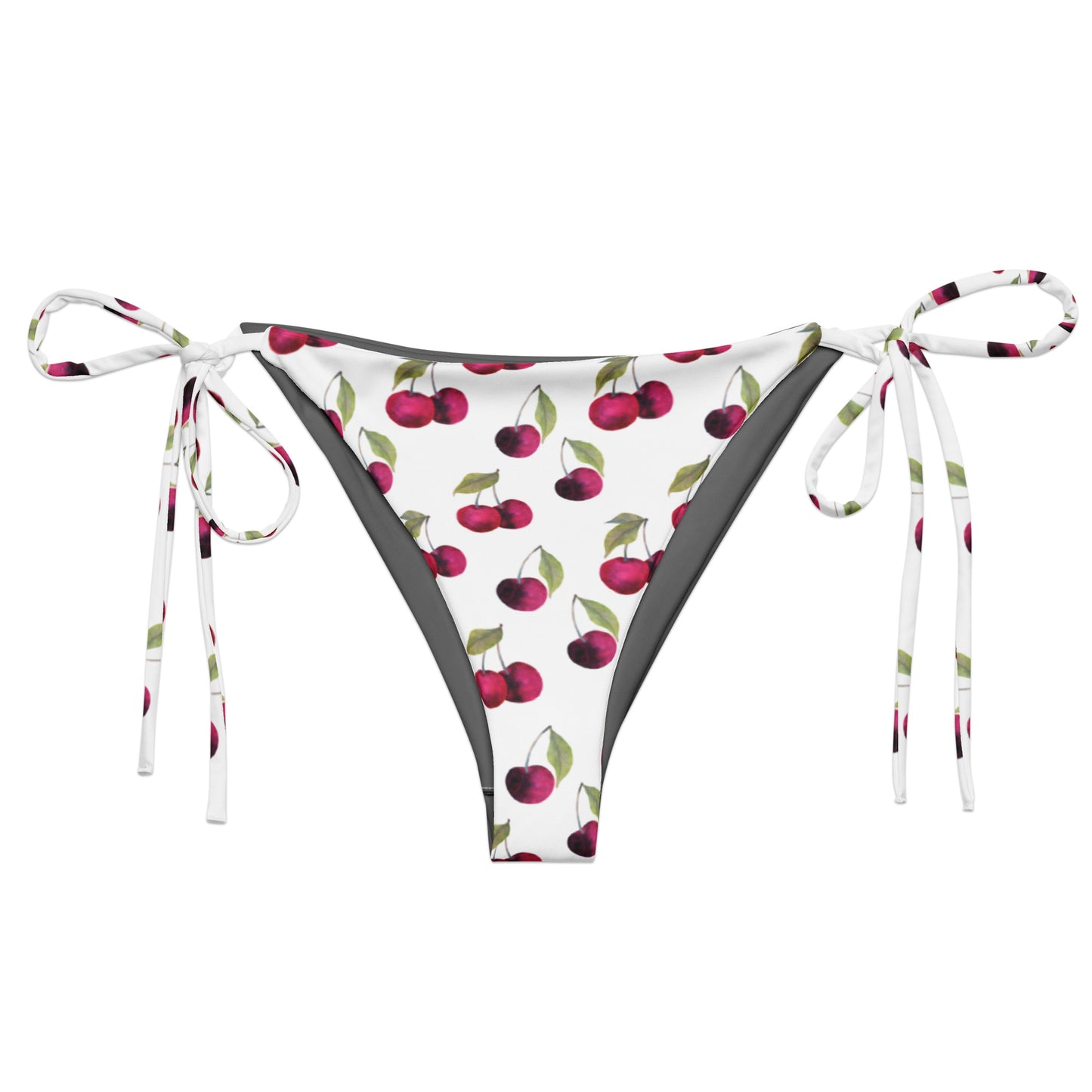 Bikini bottom with all-over pattern of cherries set on a white background.