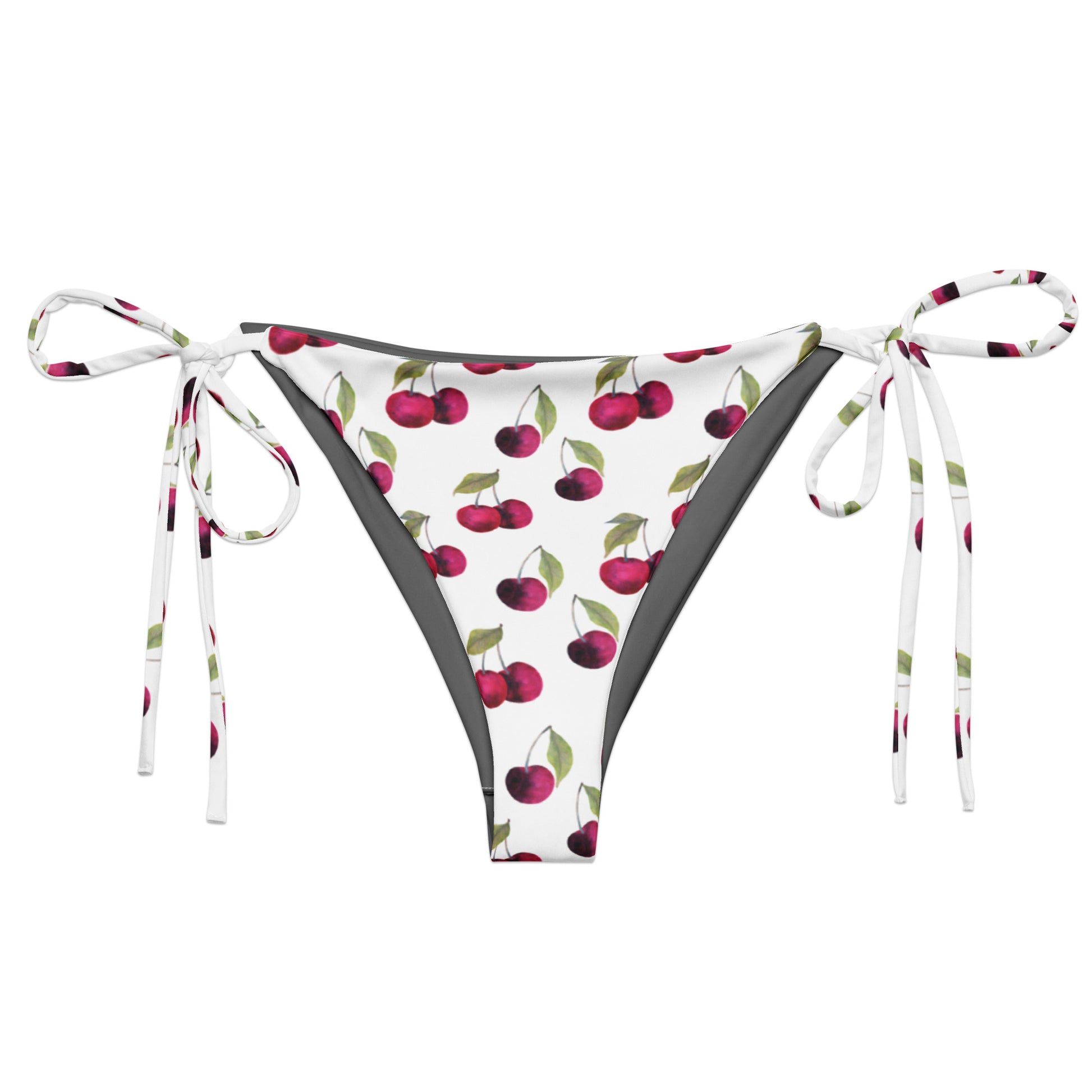 Bikini bottom with all-over pattern of cherries set on a white background.