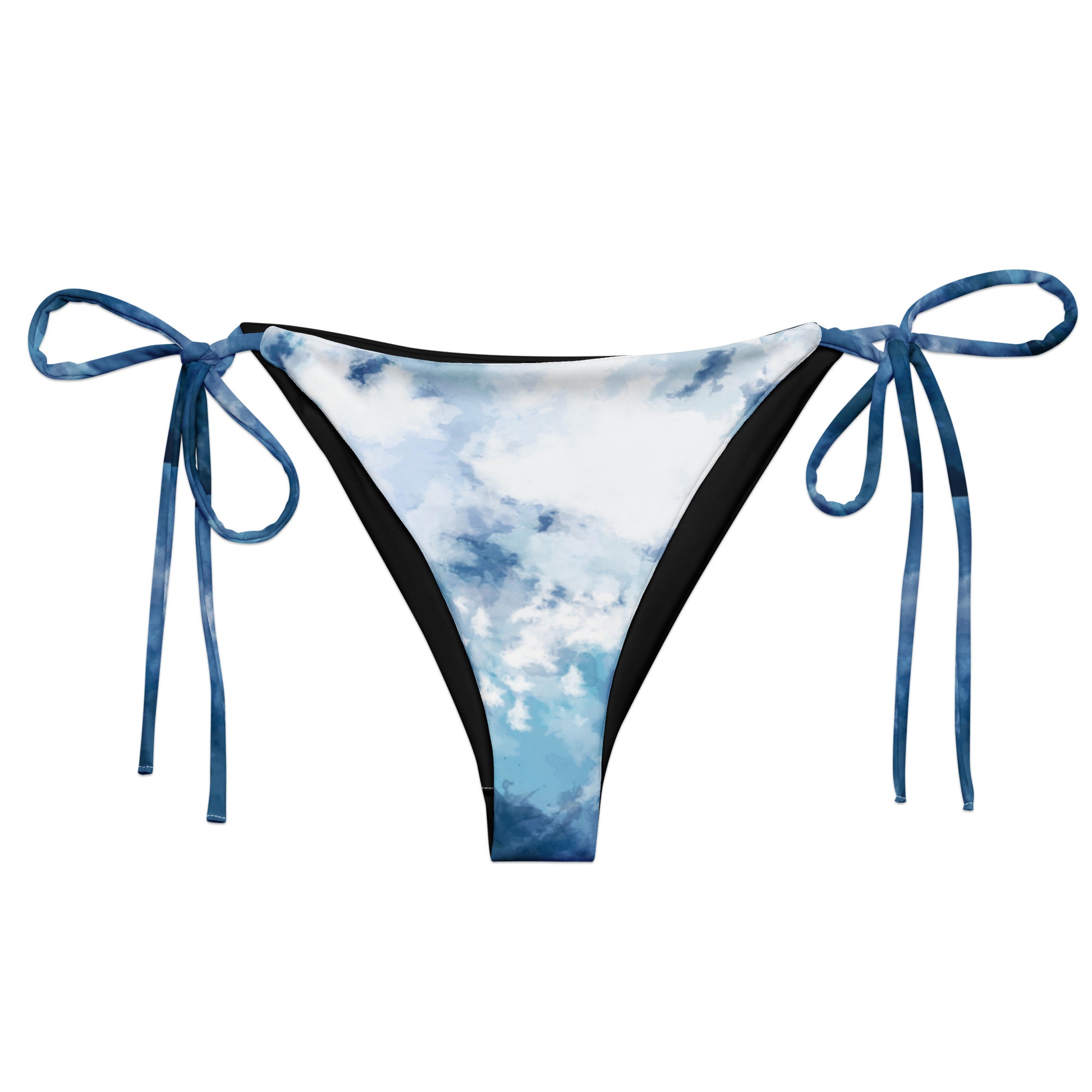 Bikini bottom with blue-white, watercolor-style design.