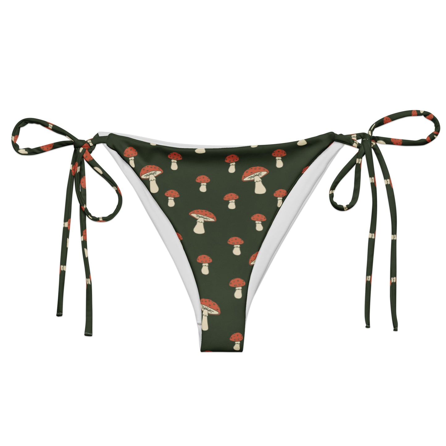 Bikini bottom with pattern of mushrooms set on a forest-green background.