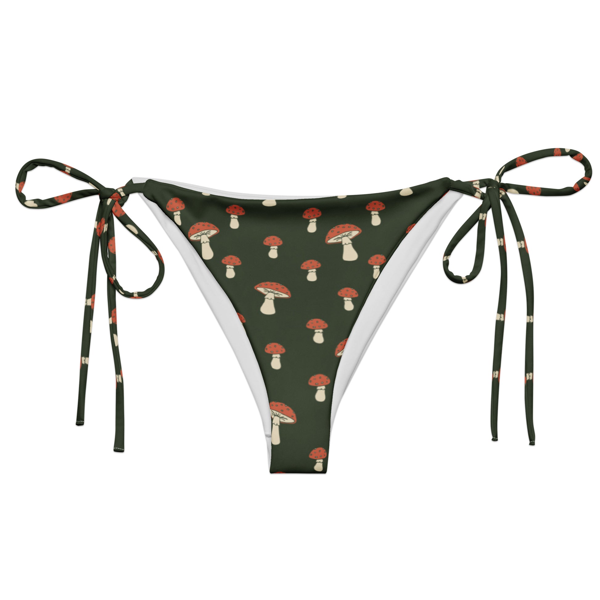 Bikini bottom with pattern of mushrooms set on a forest-green background.