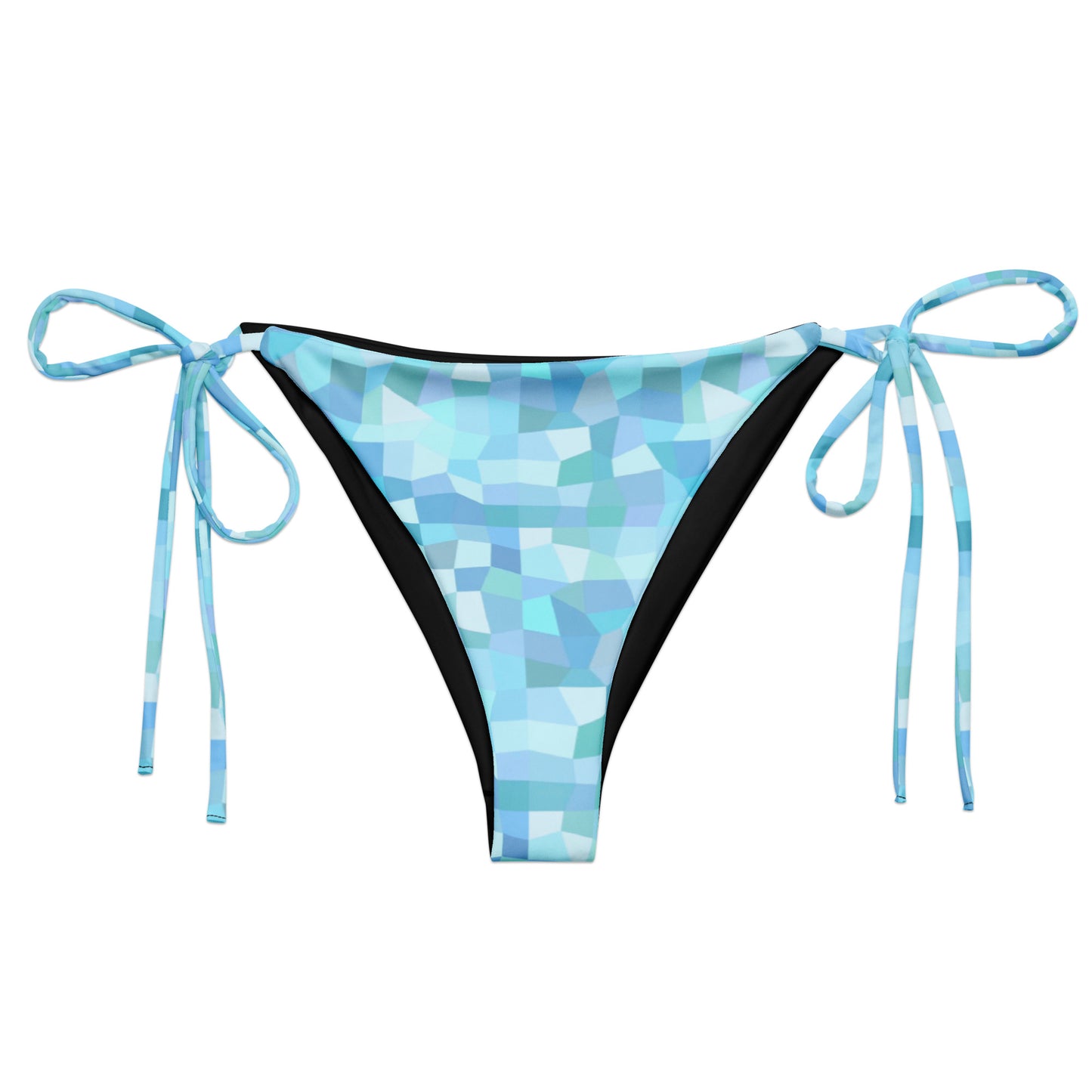 Bikini bottom with cyan geometric pattern.