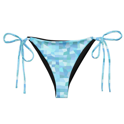 Bikini bottom with cyan geometric pattern.