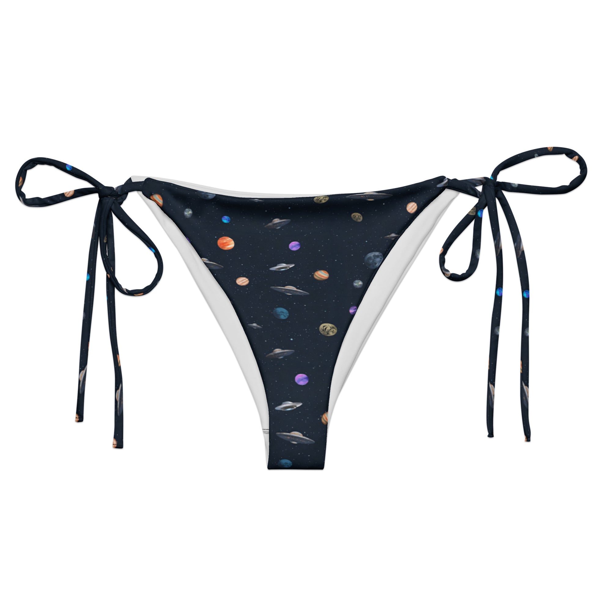 String bikini bottom with pattern of UFOs and planets in space.