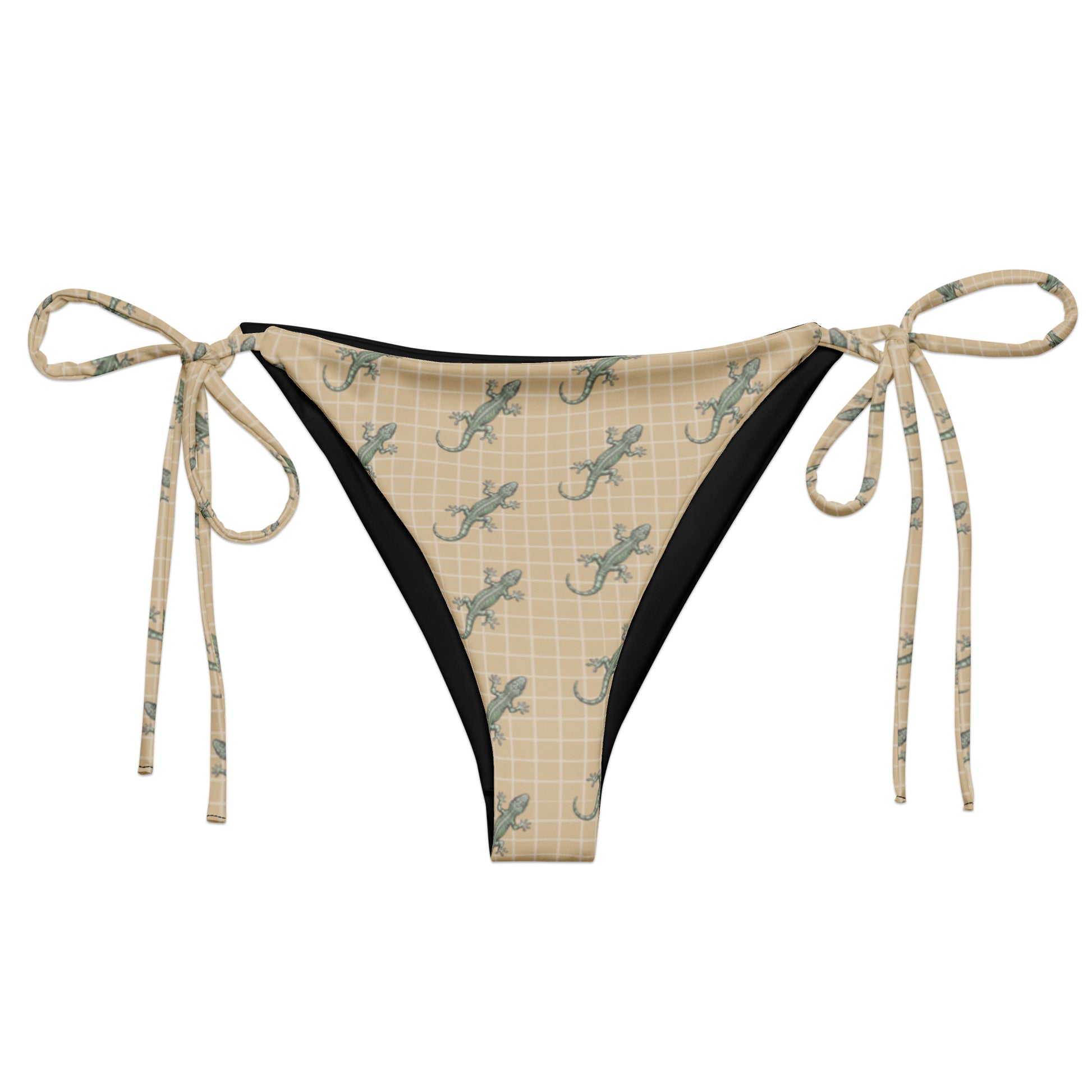 Beige bikini bottom with pattern of green geckos.