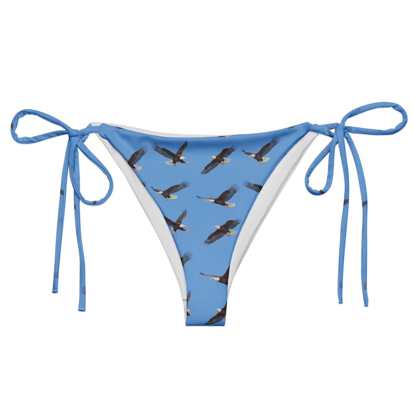 Blue bikini bottom with pattern of bald eagles.