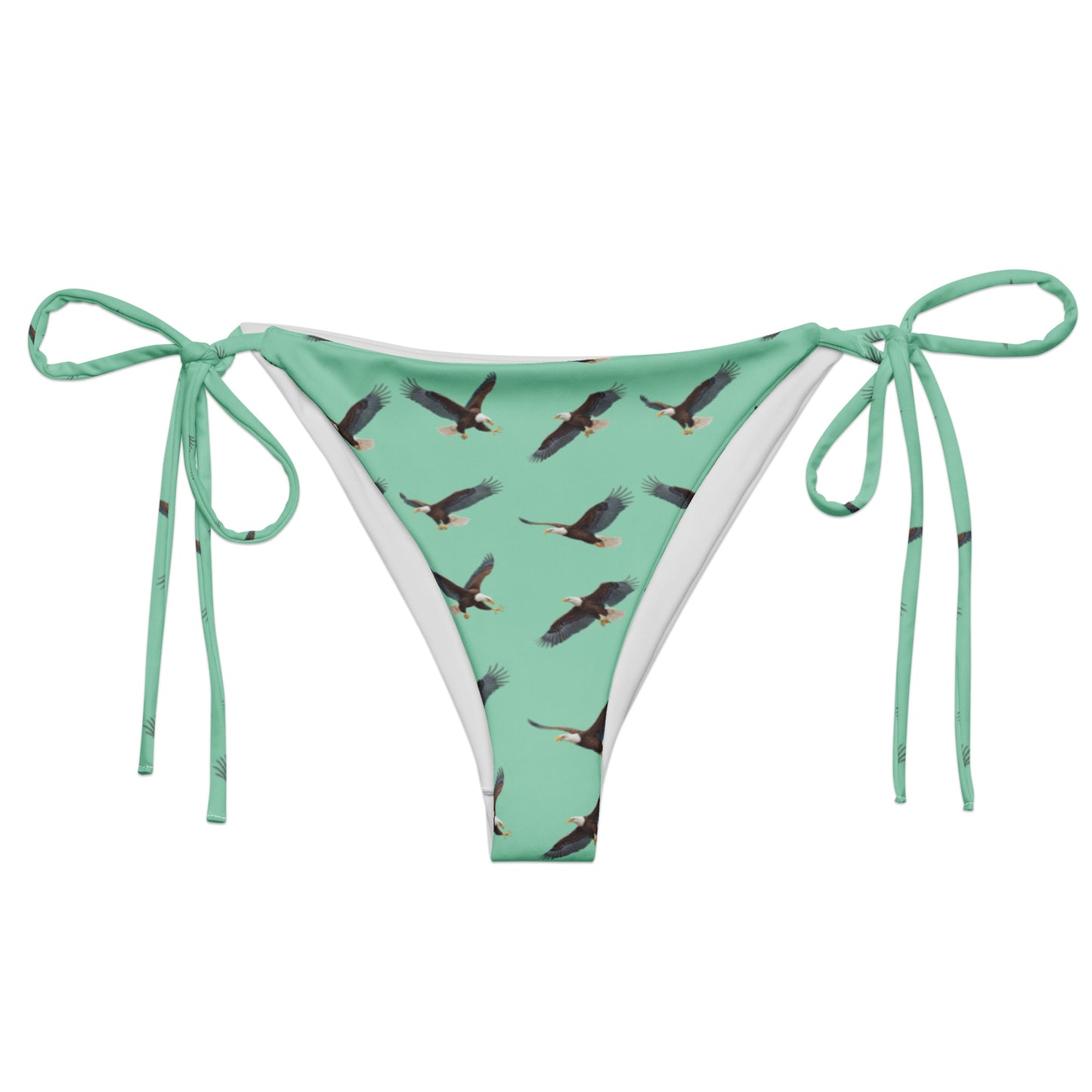 Green bikini bottom with pattern of bald eagles.
