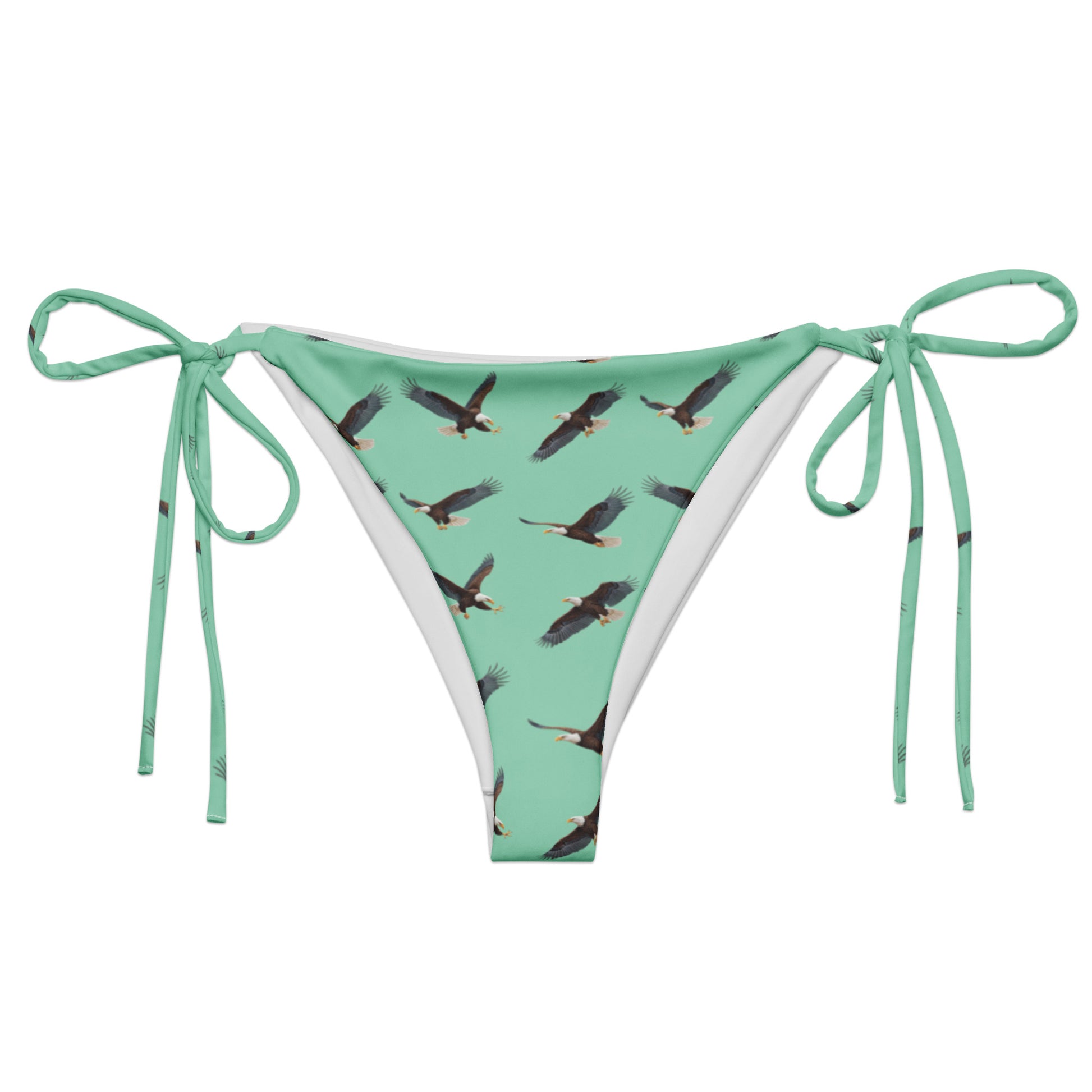 Green bikini bottom with pattern of bald eagles.
