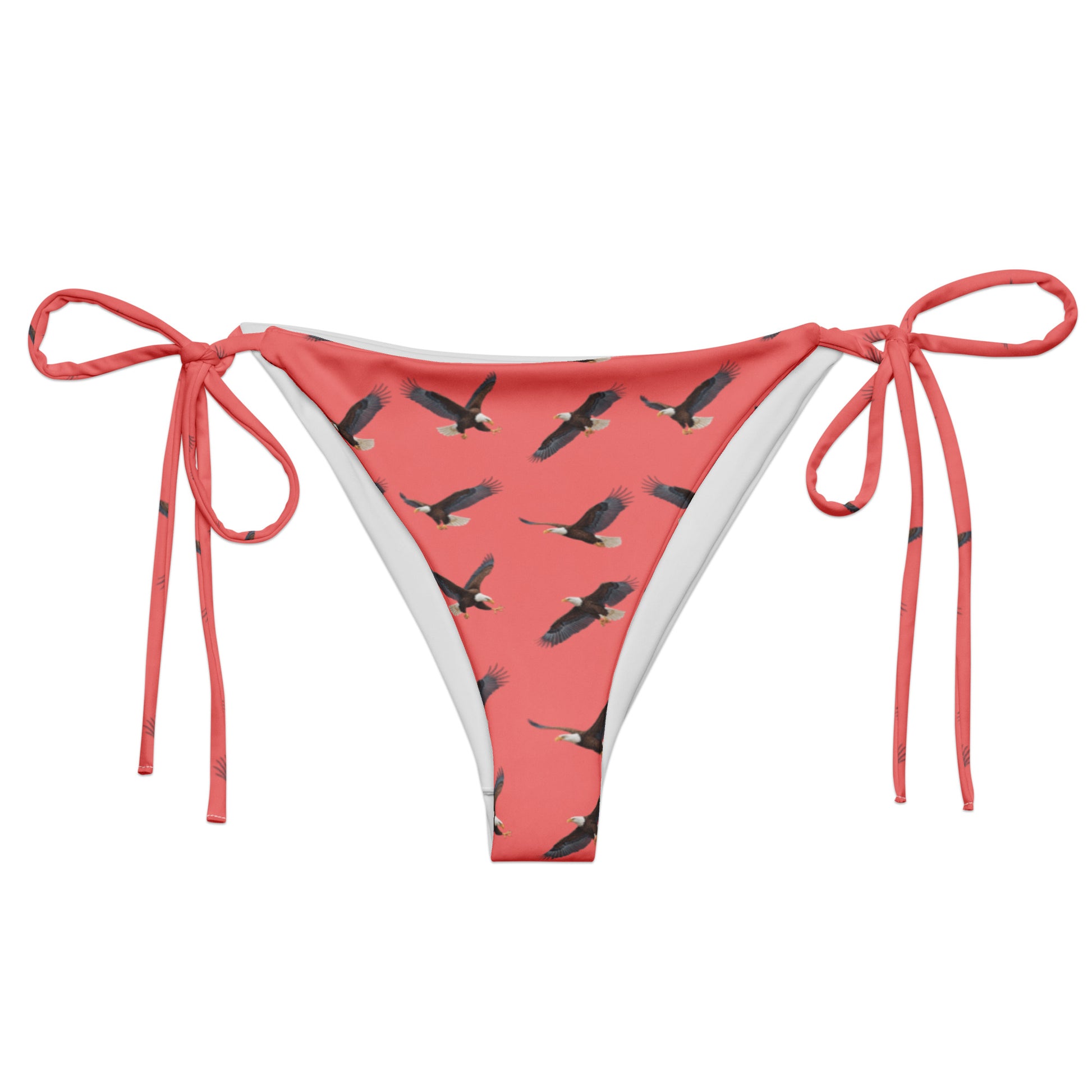Red bikini bottom with pattern of bald eagles.