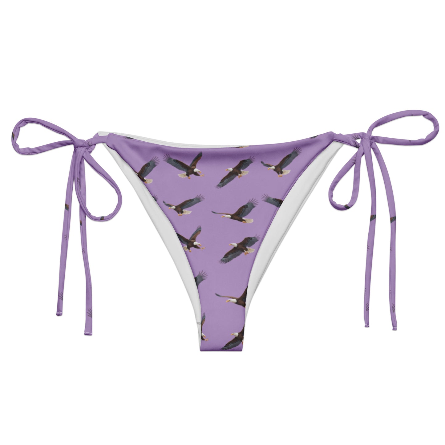Purple bikini bottom with pattern of bald eagles.