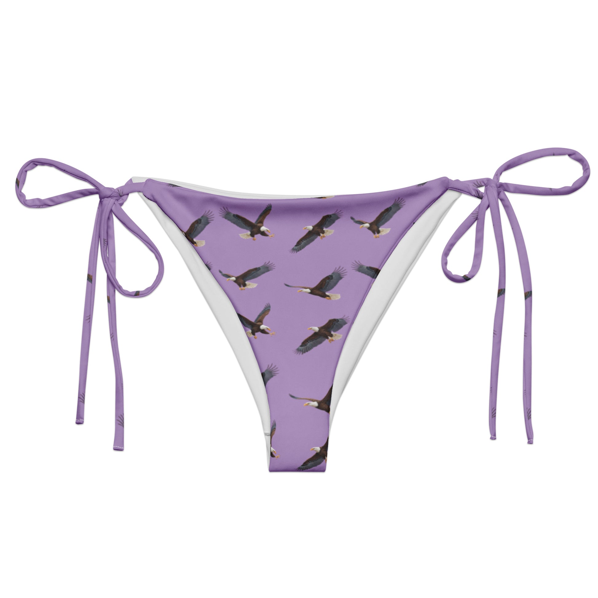 Purple bikini bottom with pattern of bald eagles.