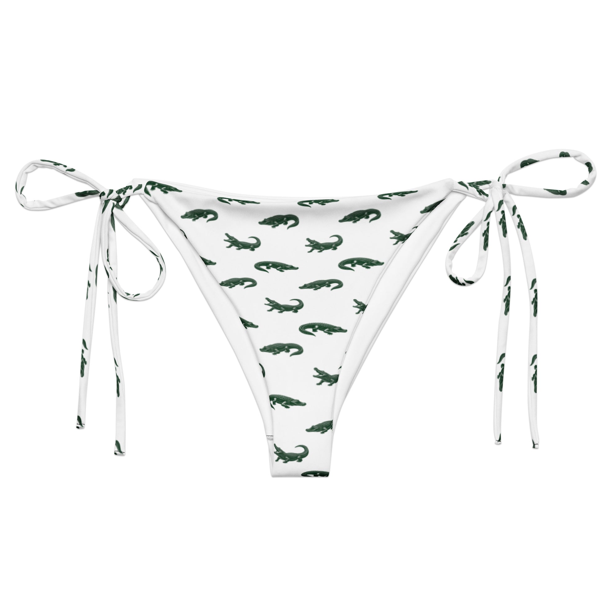 White bikini bottom with pattern of green alligators.
