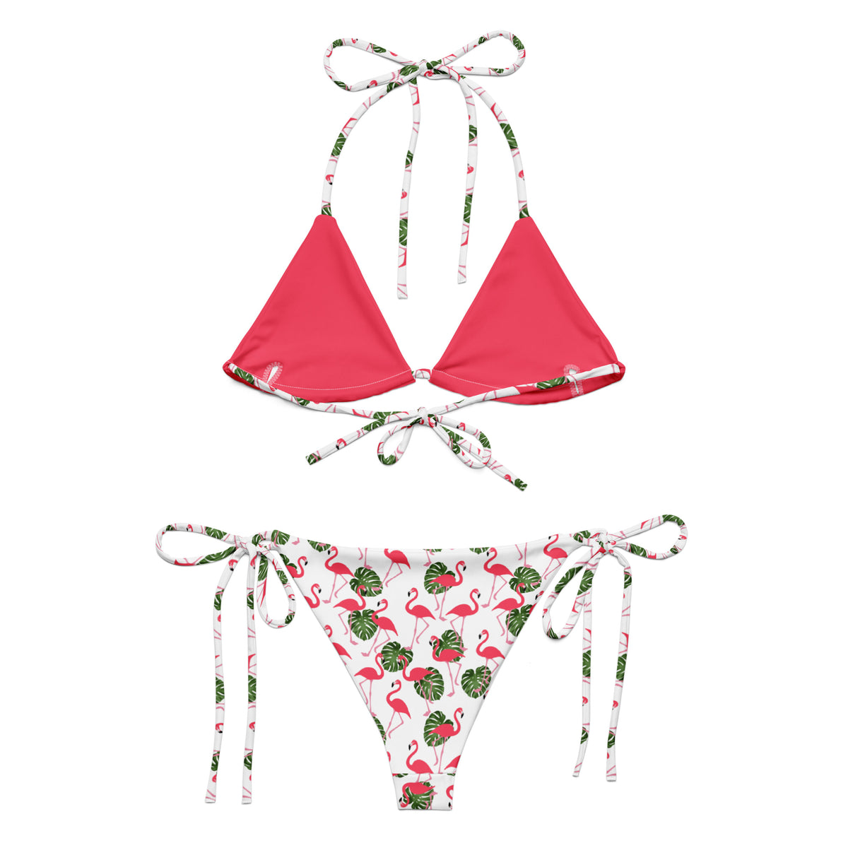 Back of bikini with flamingo pattern set on white background. Interior is pink.