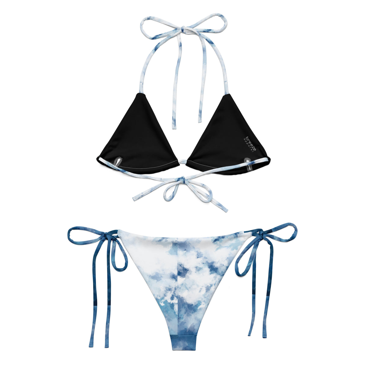 Back of bikini with blue-white, watercolor-style design.