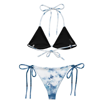 Back of bikini with blue-white, watercolor-style design.