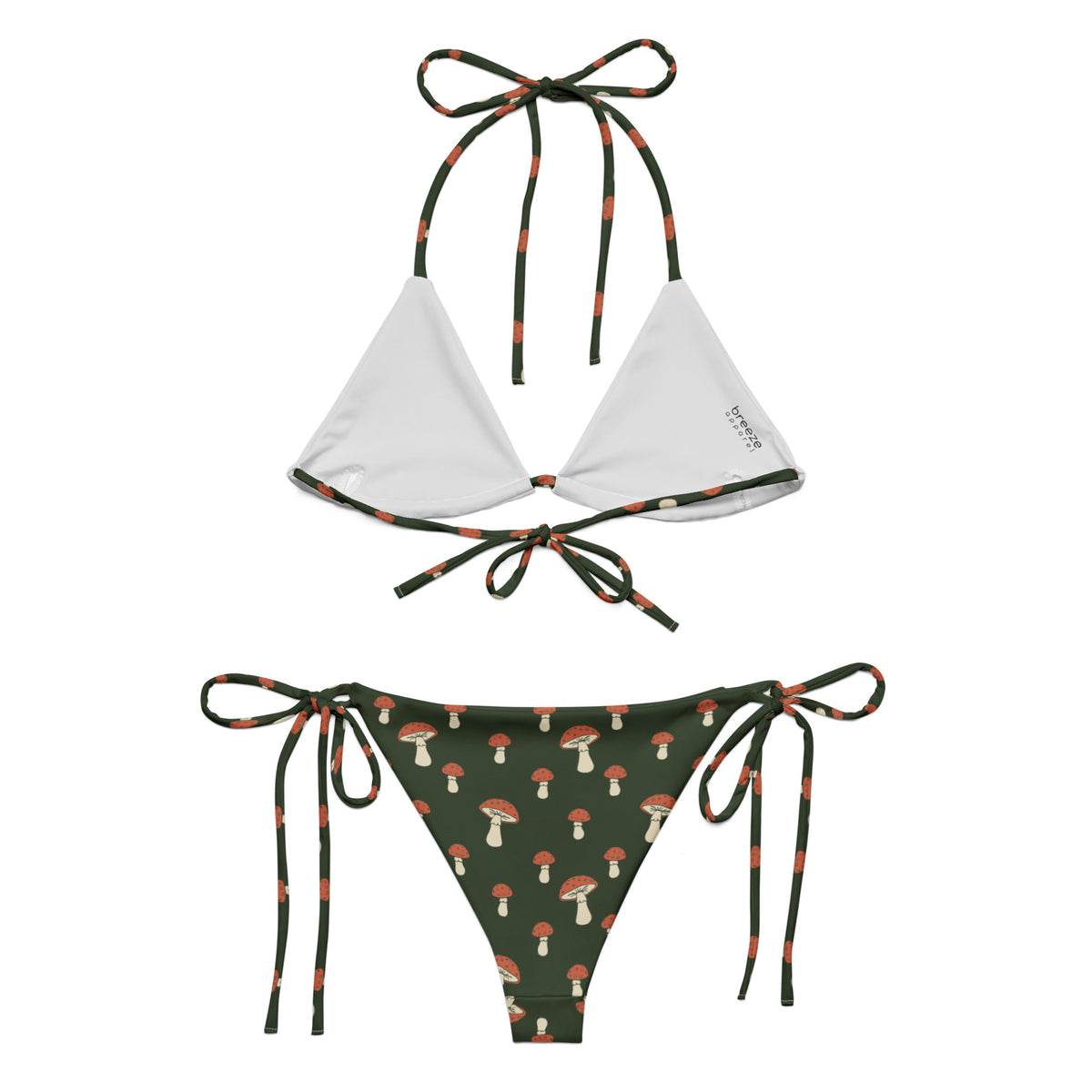 Back of bikini with pattern of mushrooms set on a forest-green background. Interior is light gray.