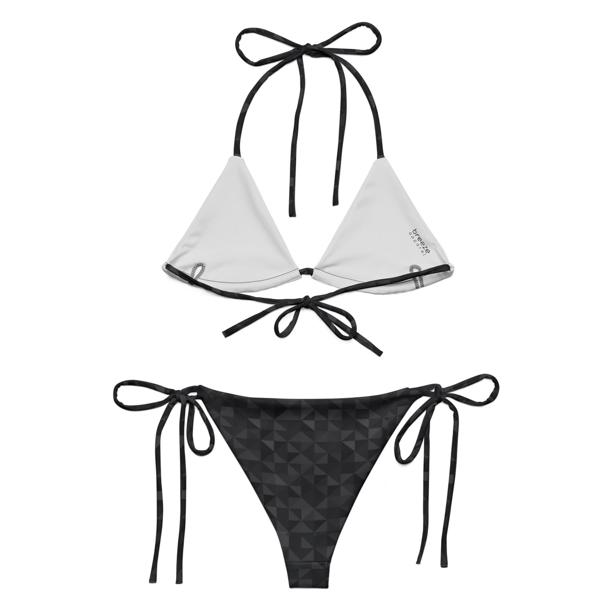 Back of bikini with dark-gray geometric pattern.