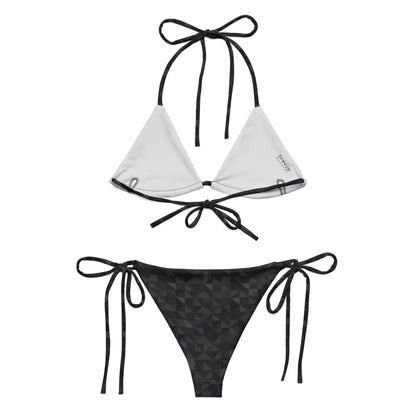 Back of bikini with dark-gray geometric pattern.