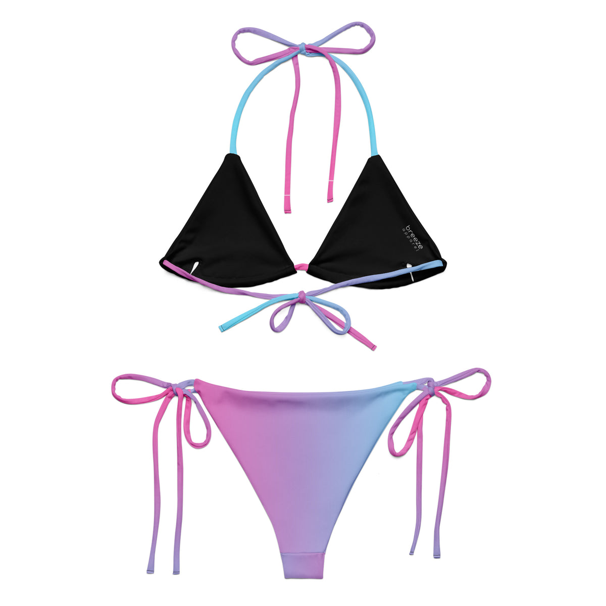 Back of bikini with color scheme that fades from light blue to pink. Interior is black.