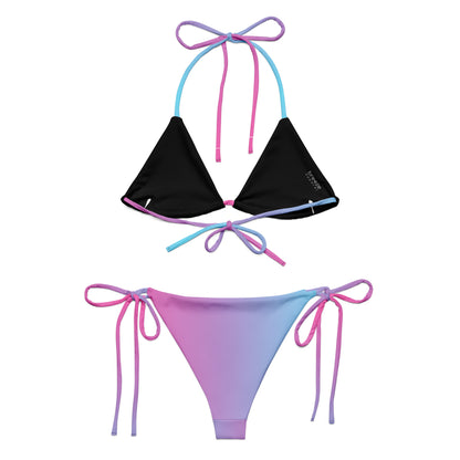 Back of bikini with color scheme that fades from light blue to pink. Interior is black.