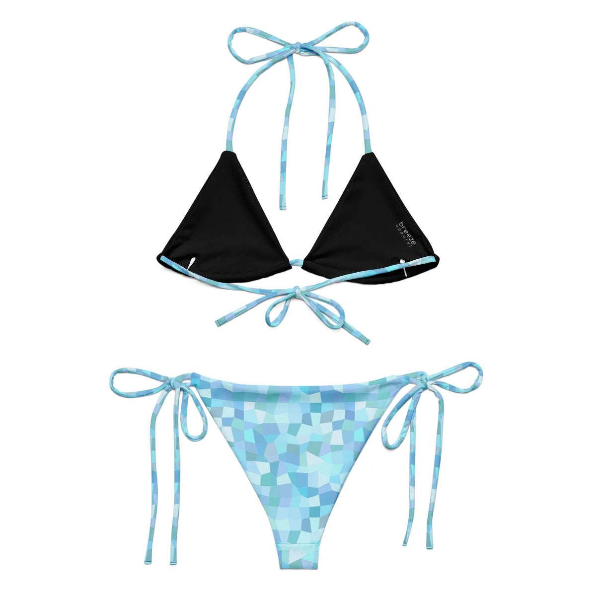 Back of bikini with cyan geometric pattern. Interior is black.