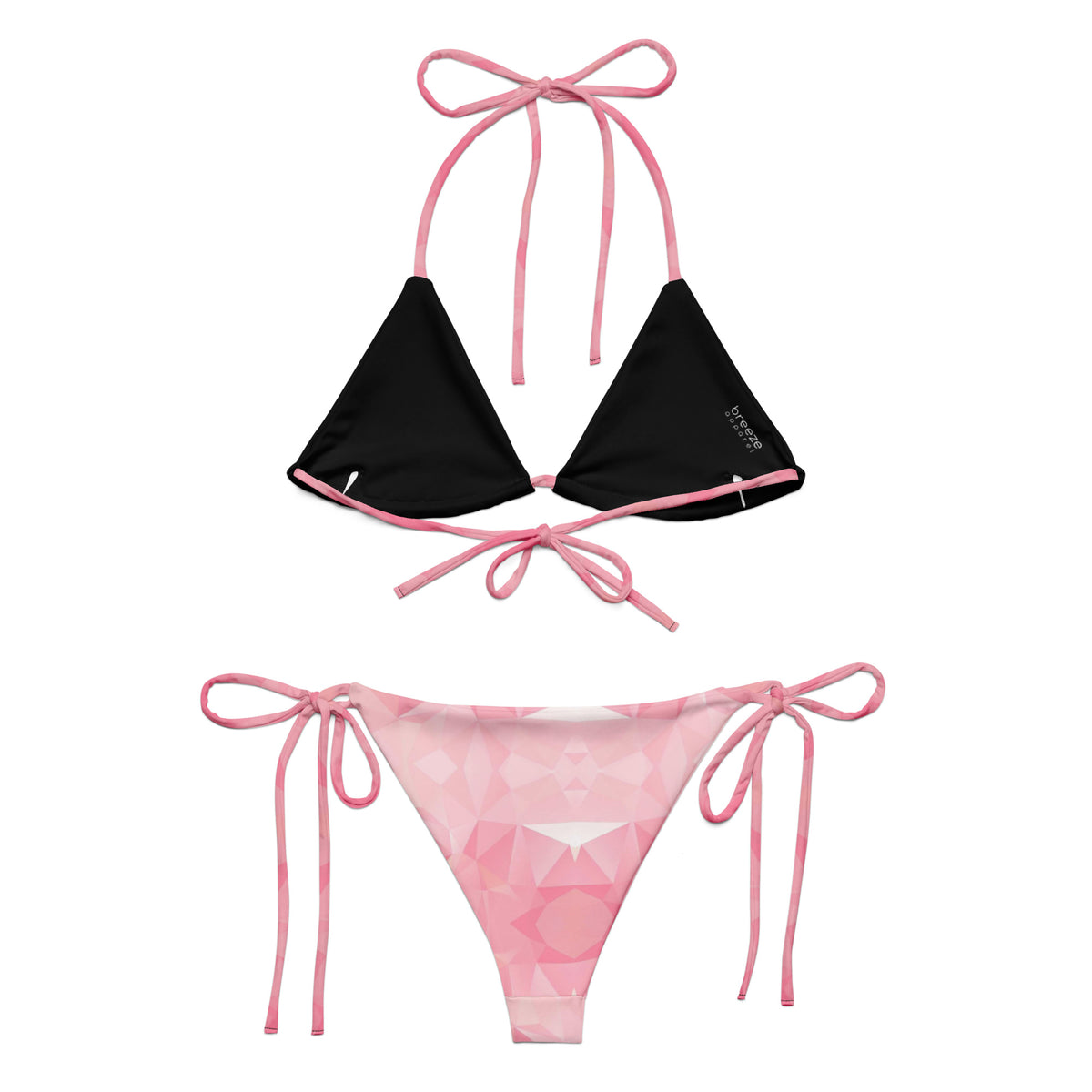 Back of bikini with pink geometric pattern. Interior is black.