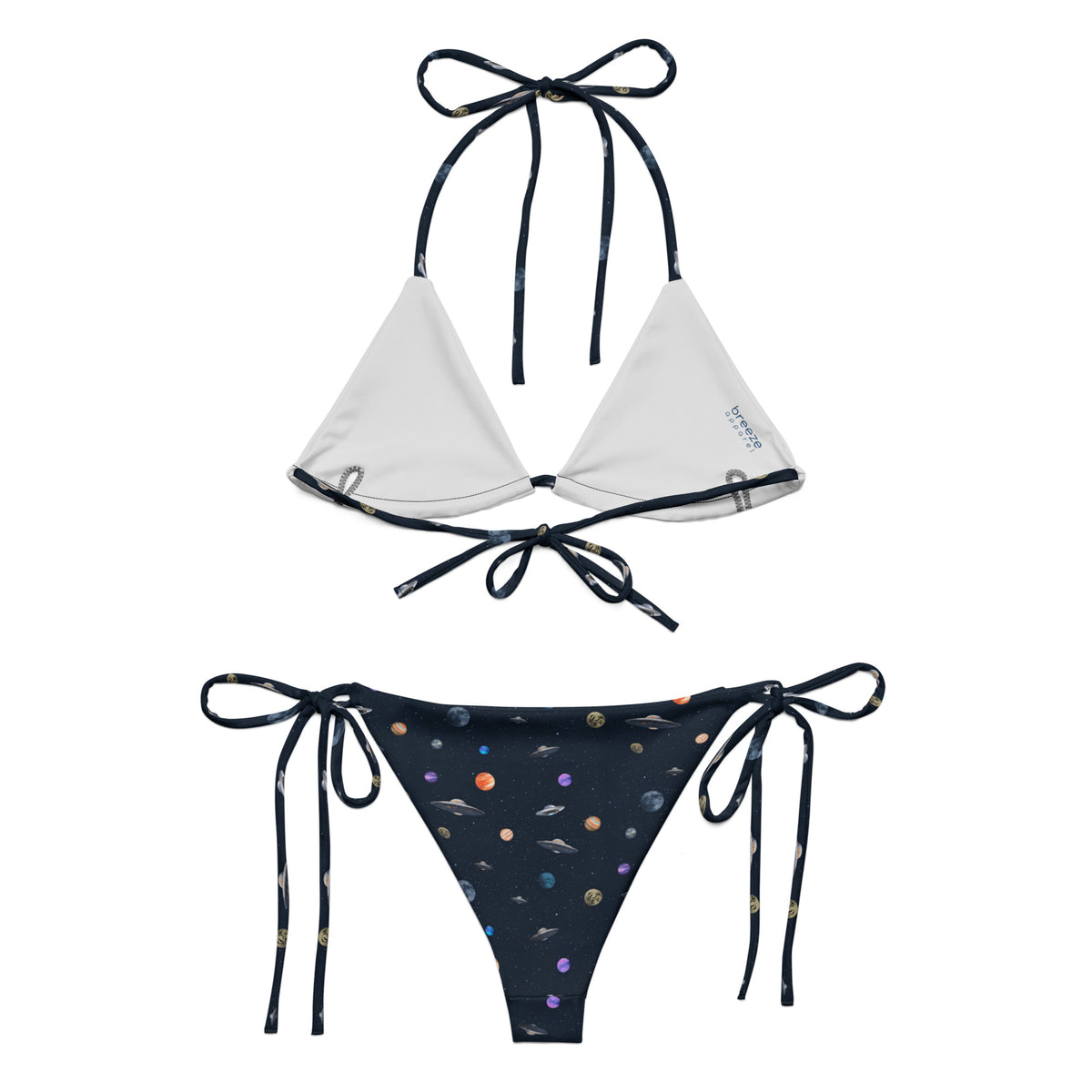 Bikini with pattern of UFOs and planets in space.