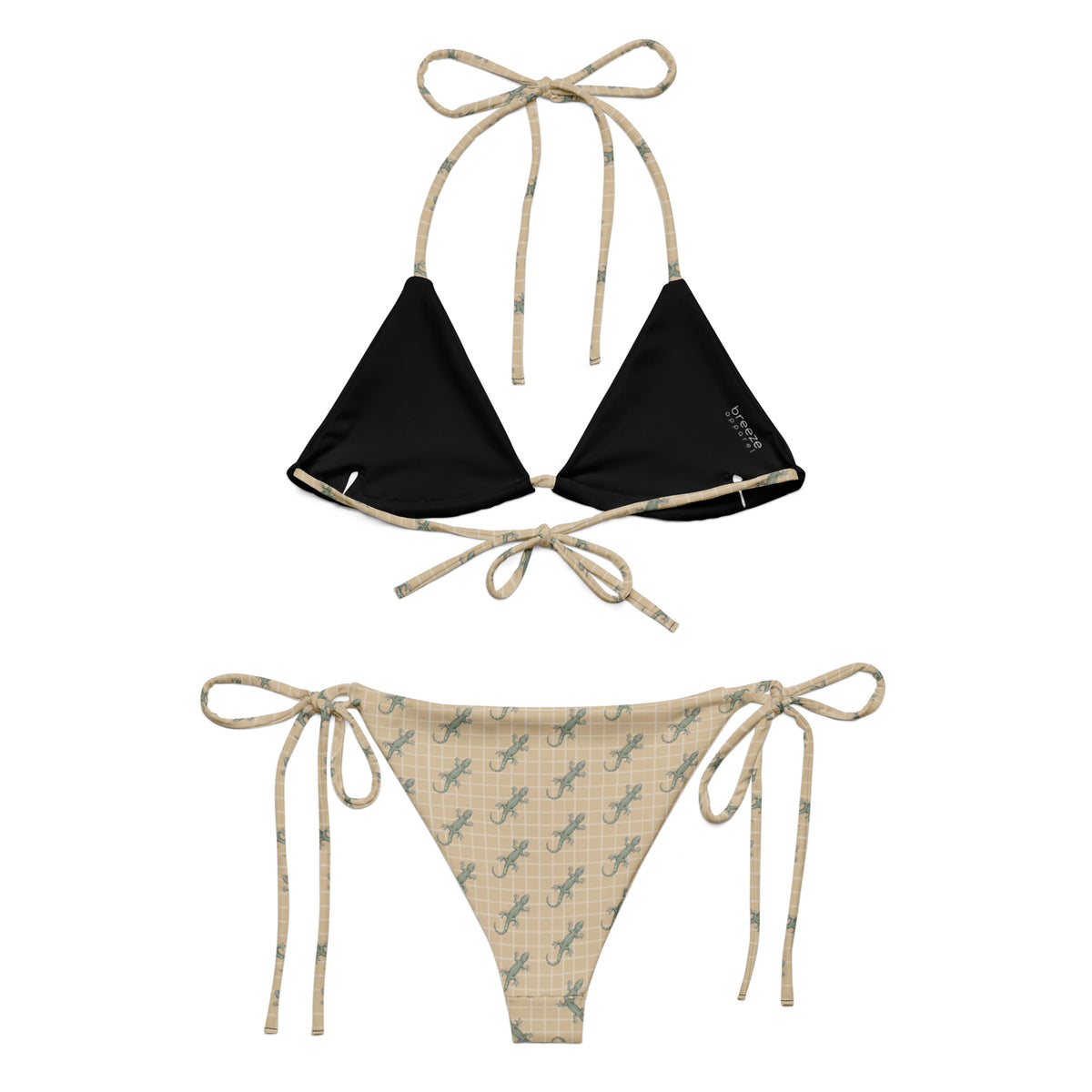 Beige bikini with pattern of green lizards.