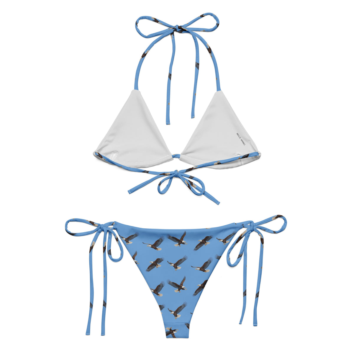 Blue bikini with pattern of bald eagles.