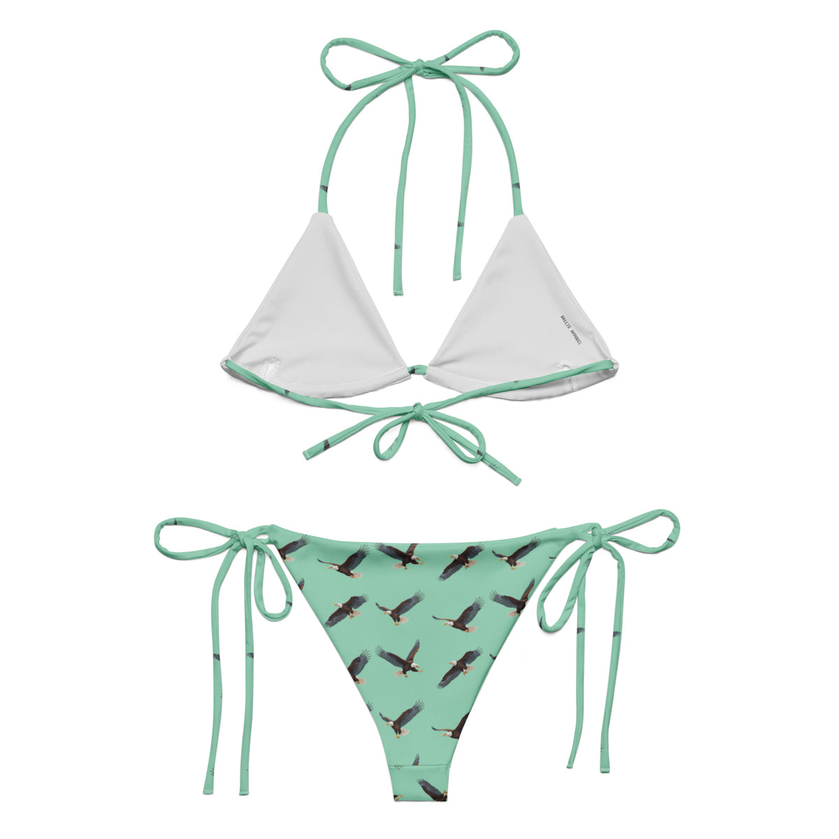 Green bikini with pattern of bald eagles.