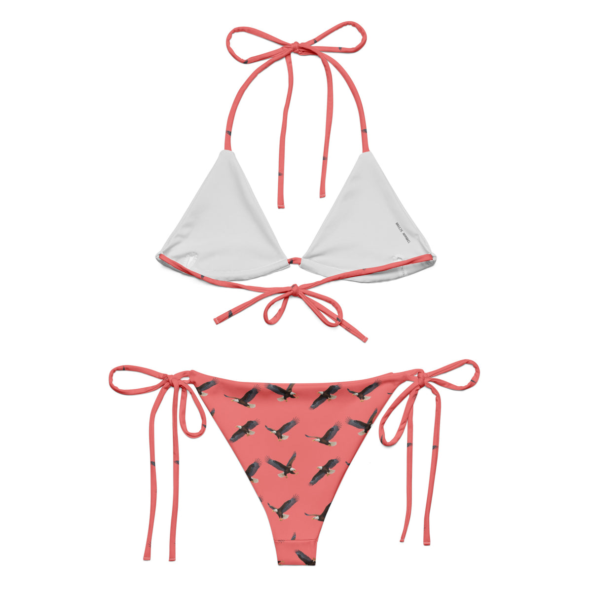 Red bikini with pattern of bald eagles.