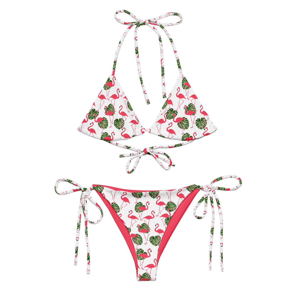 Bikini with flamingo pattern set on white background.