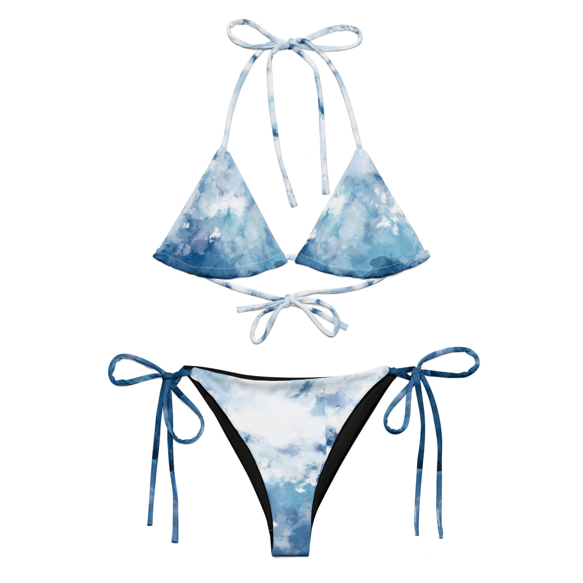 Bikini with blue-white, watercolor-style design.