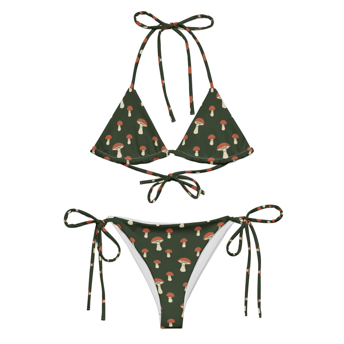 Bikini with pattern of mushrooms set on a forest-green background.