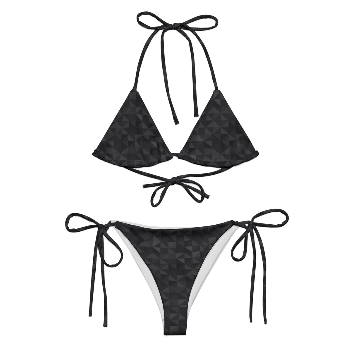 Bikini with dark-gray geometric pattern.