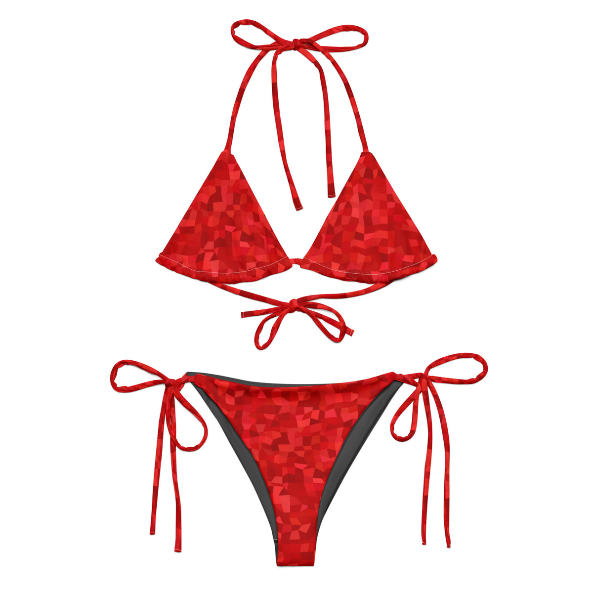 Bikini with red geometric pattern.