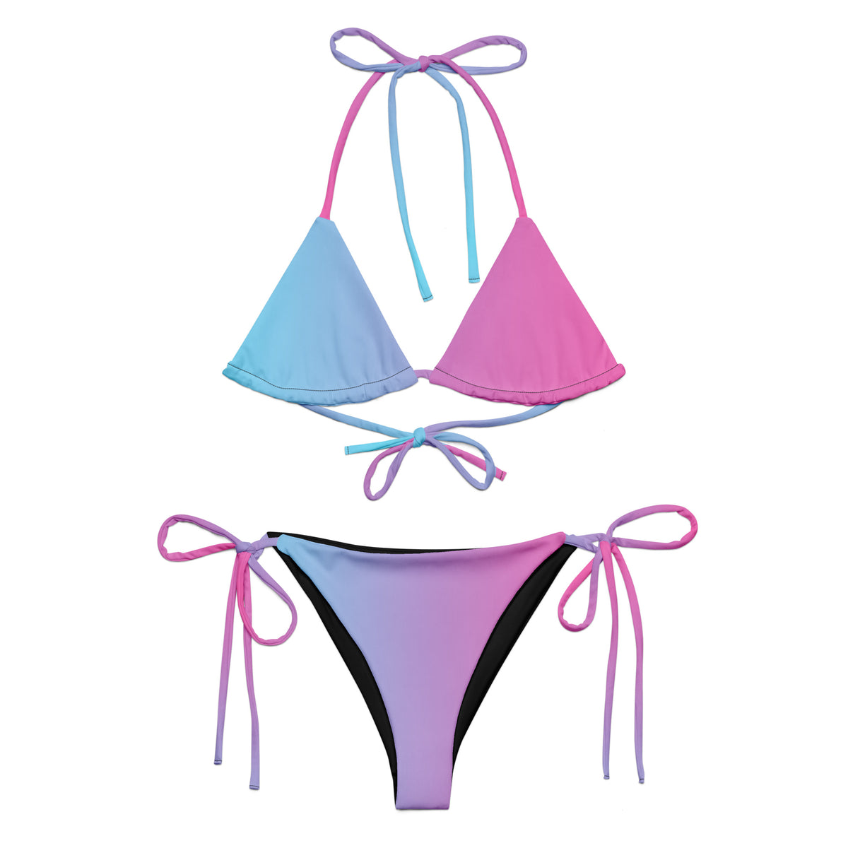 Bikini with color scheme that fades from light blue to pink.
