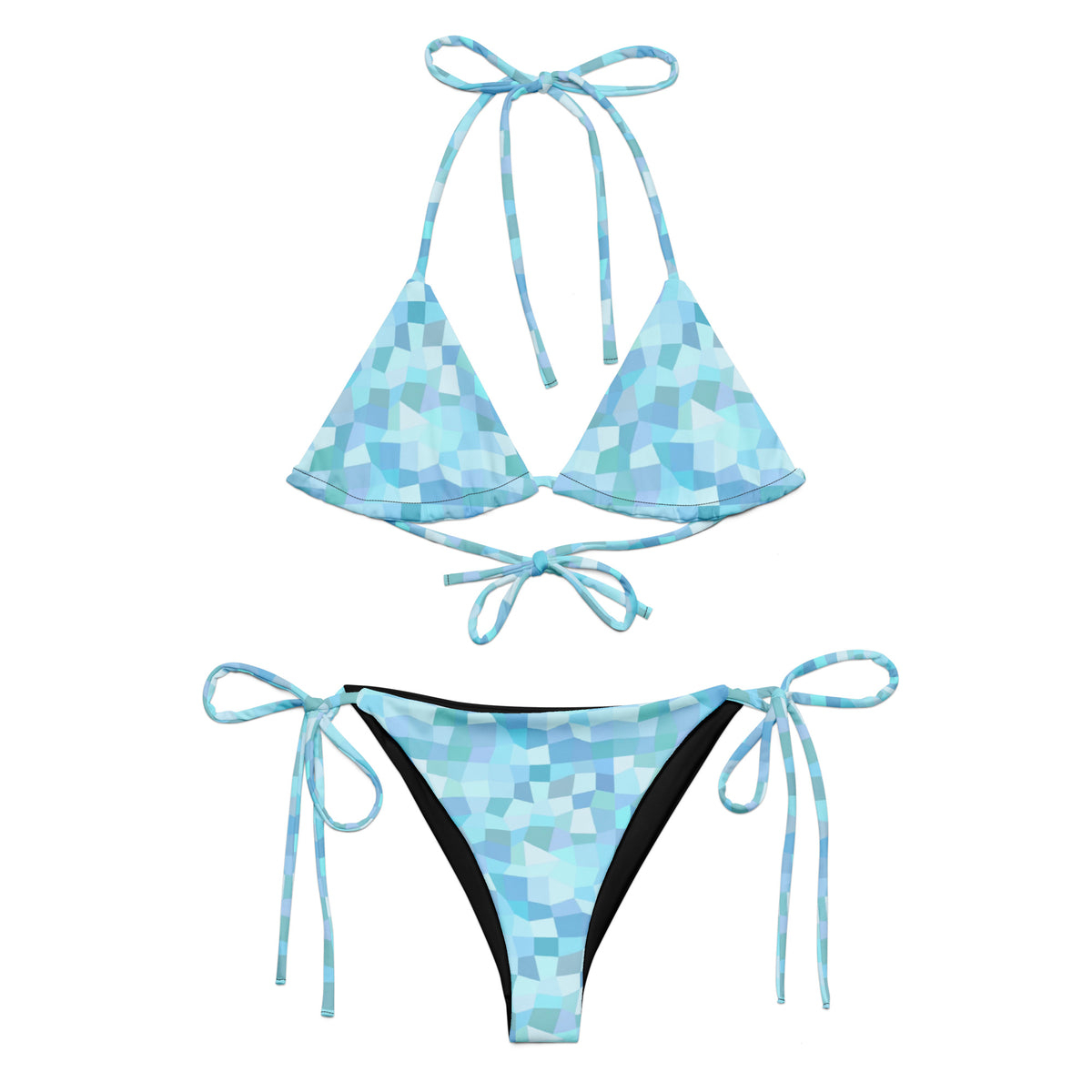 Bikini with cyan geometric pattern.