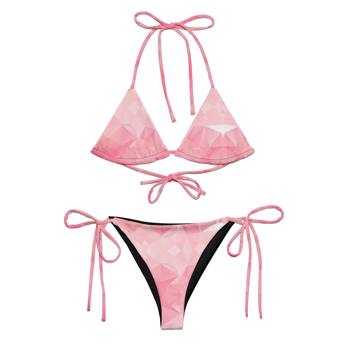 Bikini with pink geometric pattern.