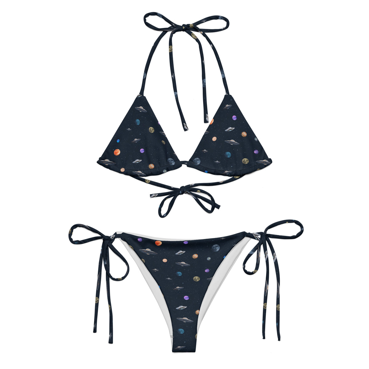 Bikini with pattern of UFOs and planets in space.