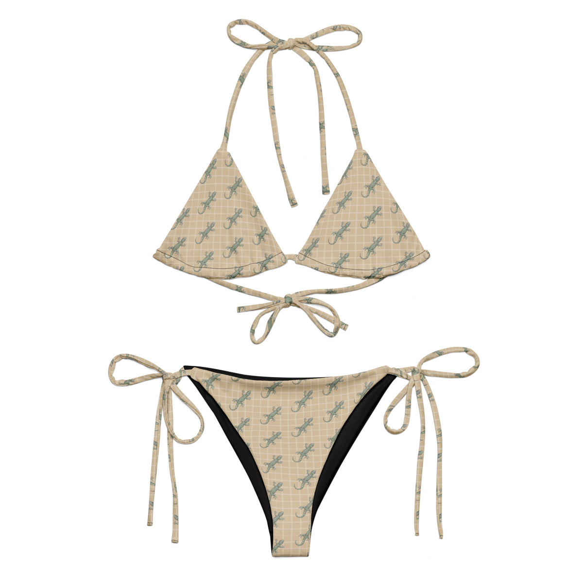 Beige bikini with pattern of green lizards.