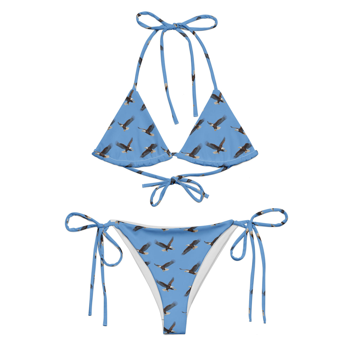 Blue bikini with pattern of bald eagles.