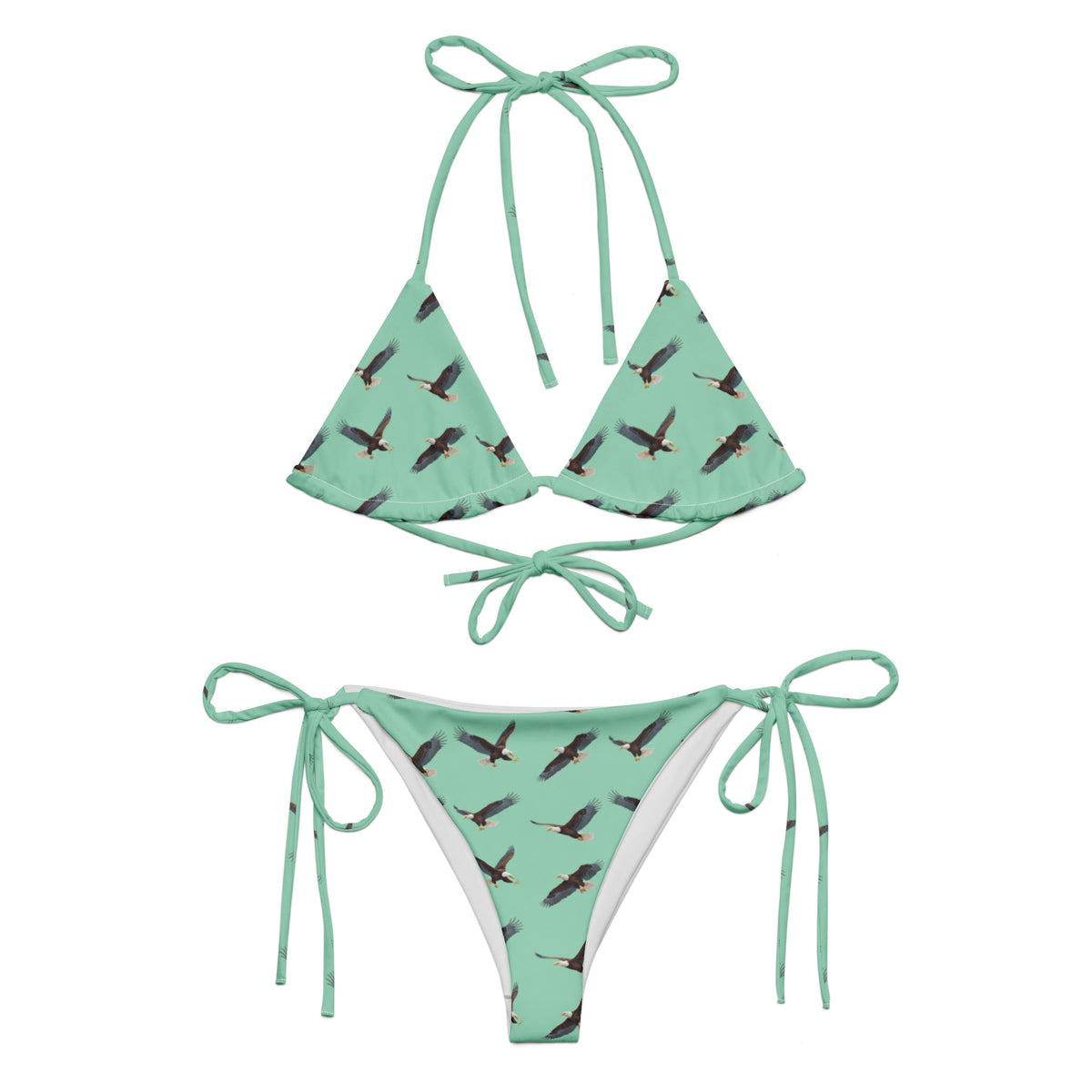 Green bikini with pattern of bald eagles.