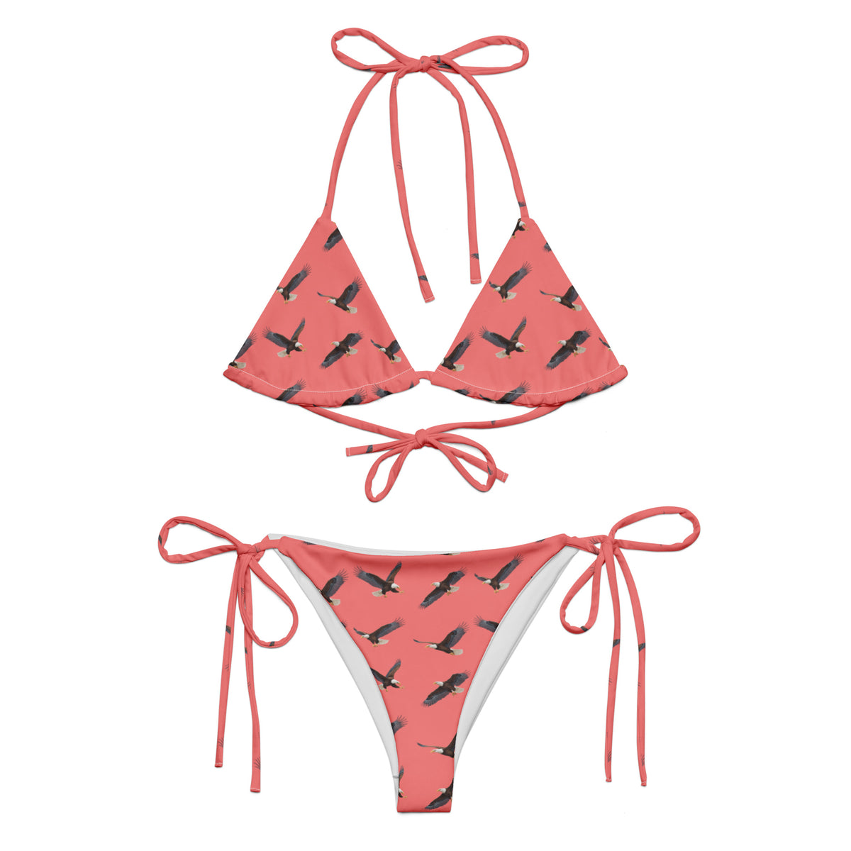 Red bikini with pattern of bald eagles.